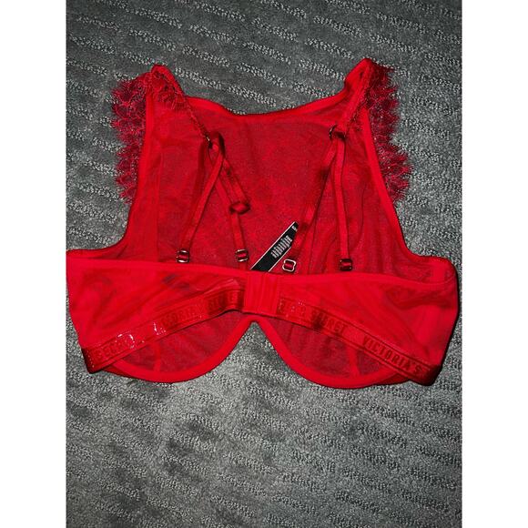 Victoria Secret Bra Red Lace High Neck Eyelash Banded Logo Underwire 34DD NWT - Picture 3 of 5